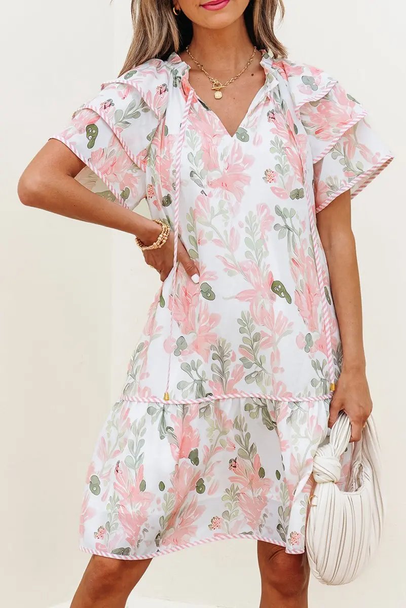 Pink Floral Contrast Edge Layered Short Sleeve Mini Dress - Love Salve